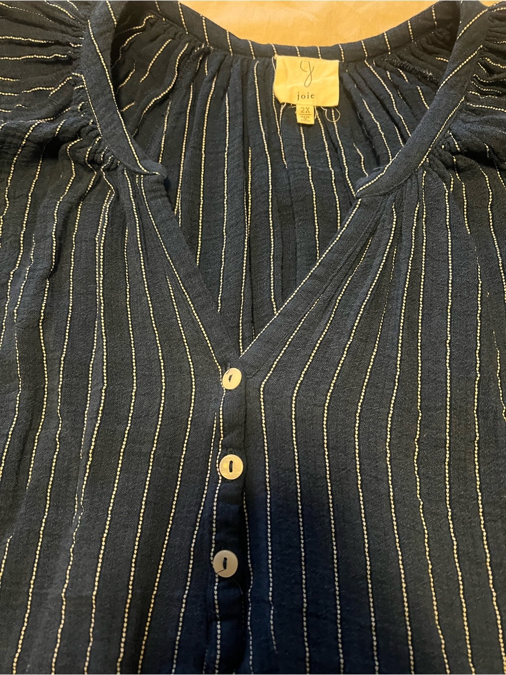Joie Navy and White Vertical-Stripe V-Neck Button Blouse - Picture 2 of 3